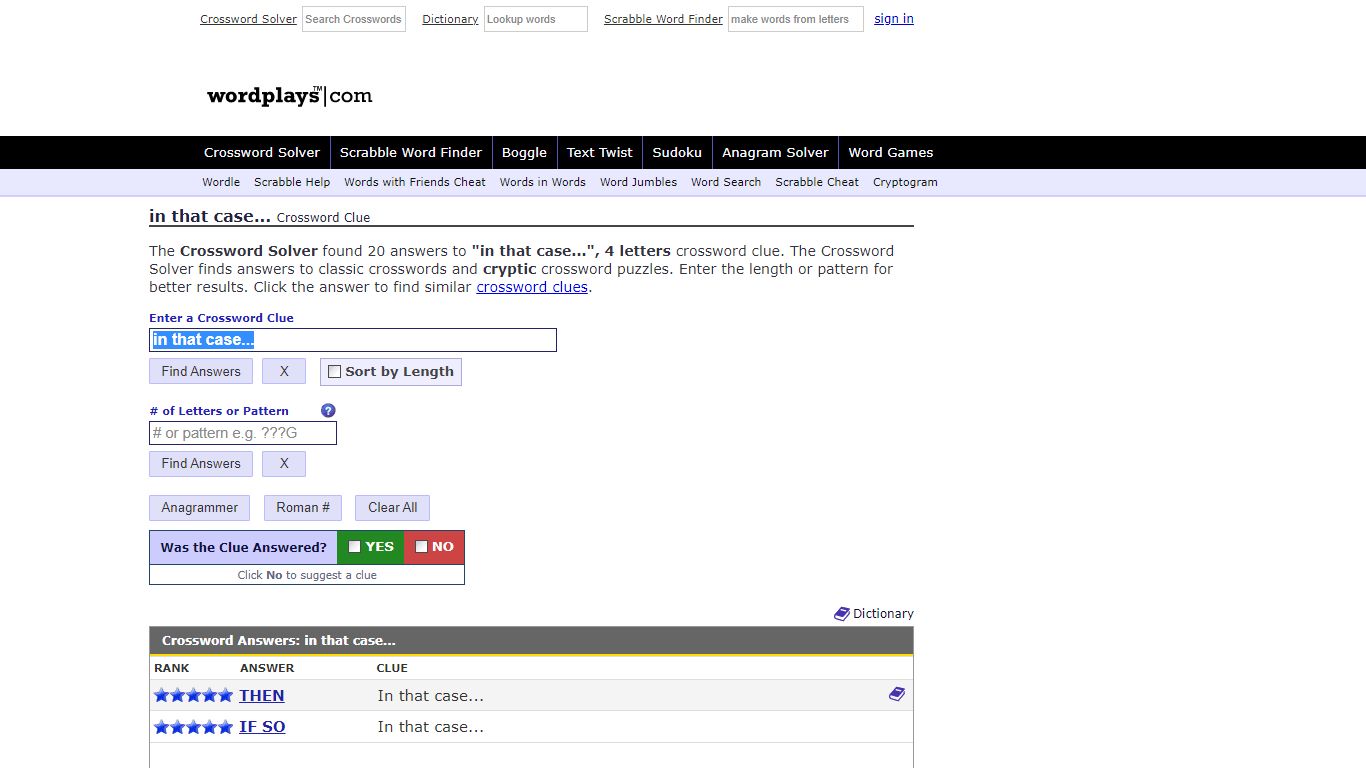 in that case... Crossword Clue | Wordplays.com
